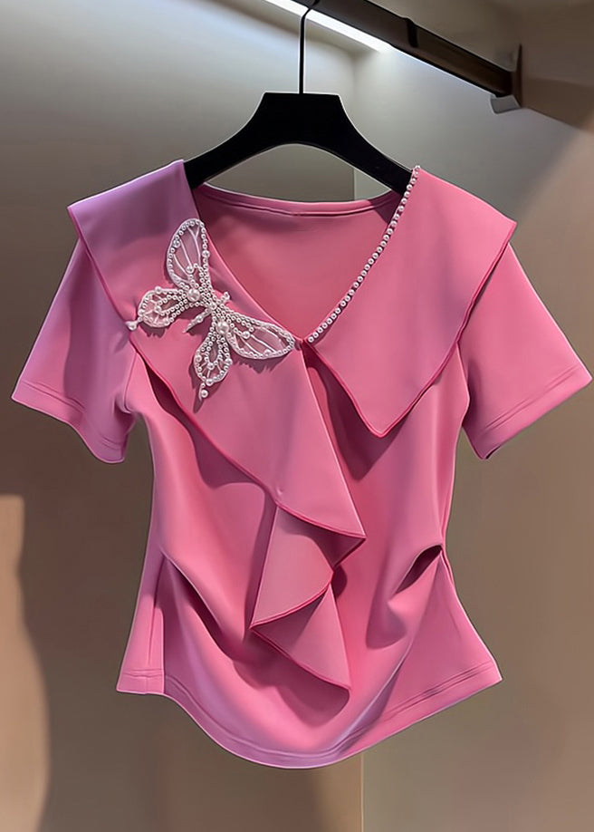 Pink V Neck Embroidered Butterfly Nail Bead Top Short Sleeve