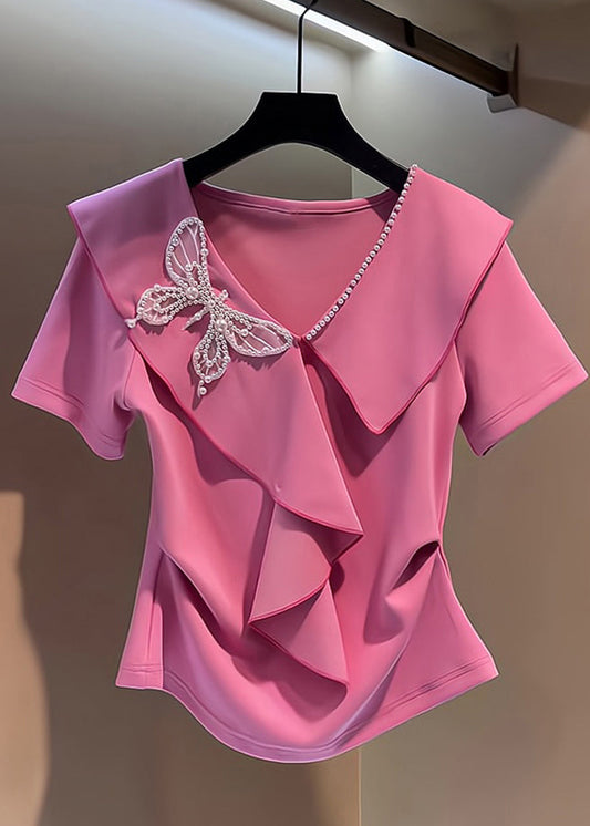 Pink V Neck Embroidered Butterfly Nail Bead Top Short Sleeve