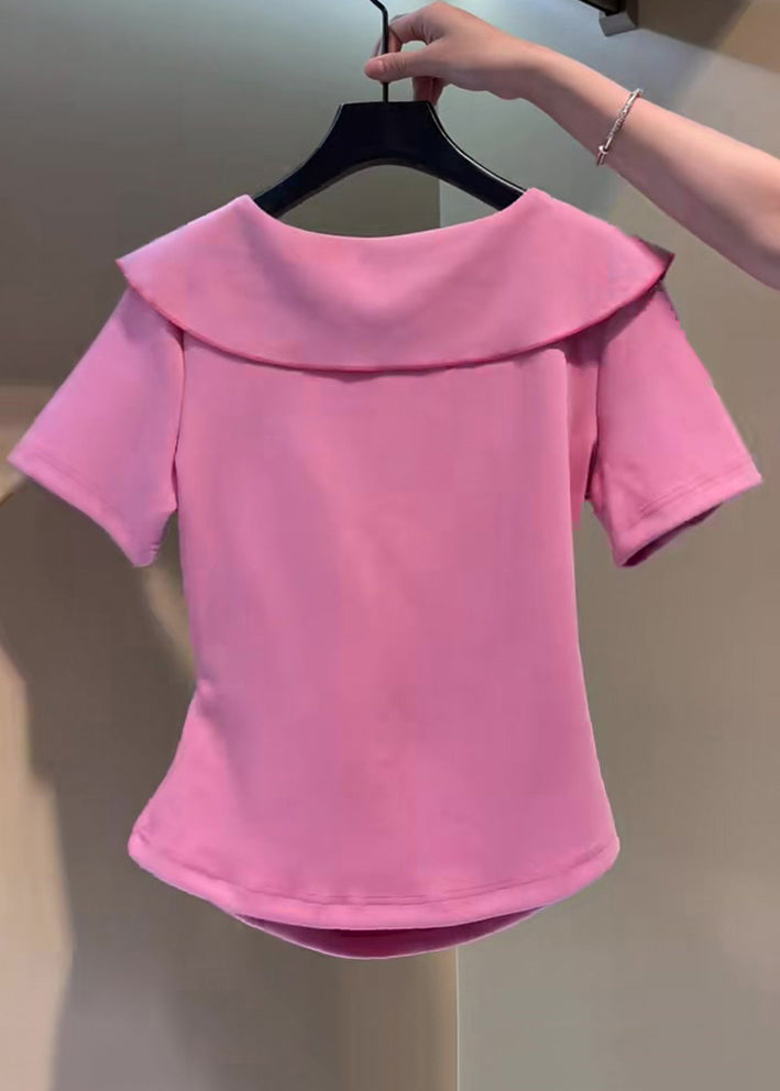 Pink V Neck Embroidered Butterfly Nail Bead Top Short Sleeve