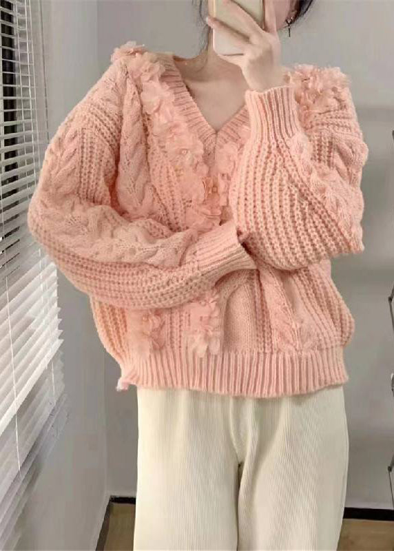 Pink V Neck Cotton Knit Sweater Long Sleeve