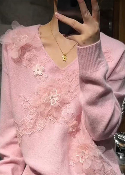 Pink V Neck Nail Bead Cotton Knit Sweaters Spring
