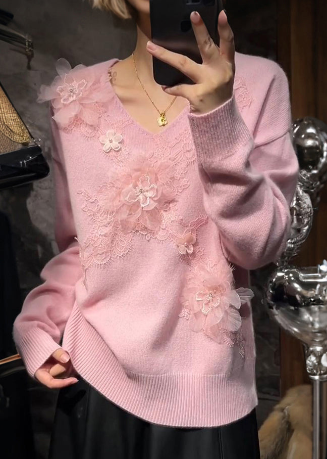 Pink V Neck Nail Bead Cotton Knit Sweaters Spring