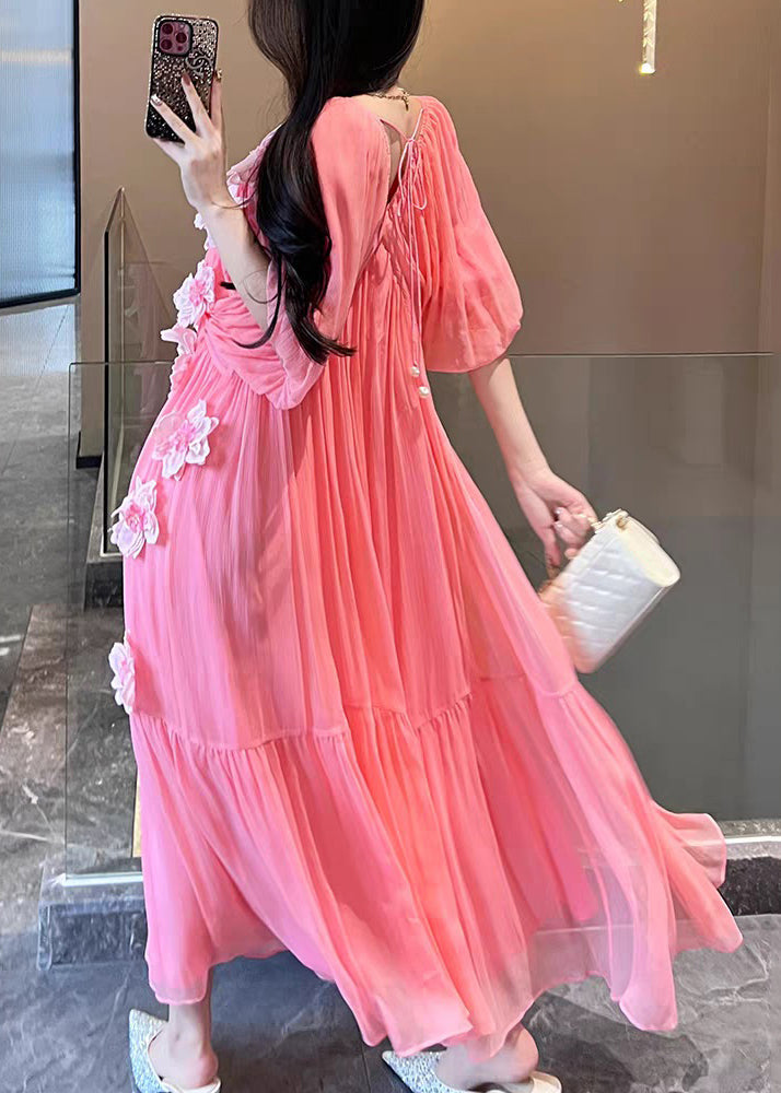 Pink V Neck Silk Vacation Long Dresses Short Sleeve