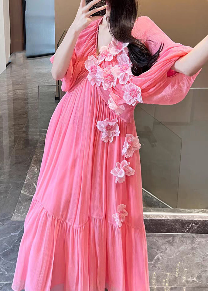 Pink V Neck Silk Vacation Long Dresses Short Sleeve