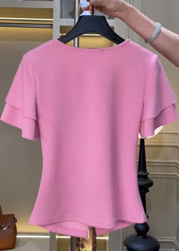 Pink V Neck Wrinkled Top Short Sleeve
