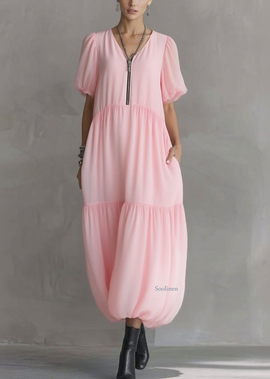 Pink V Neck Pockets Patchwork Long Dress Short Sleeve