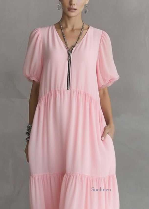 Pink V Neck Pockets Patchwork Long Dress Short Sleeve