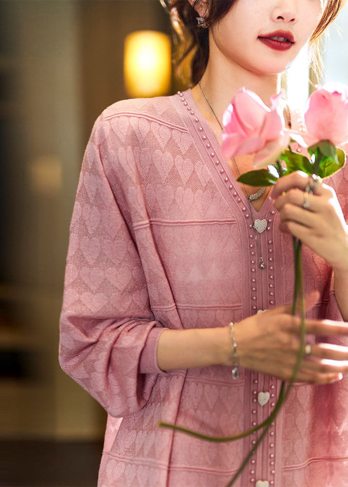 Pink V Neck Print Knit Tops Long Sleeve