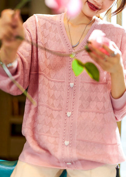 Pink V Neck Print Knit Tops Long Sleeve