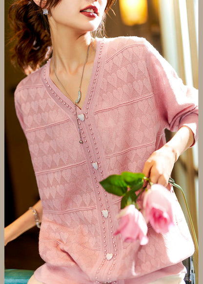 Pink V Neck Print Knit Tops Long Sleeve