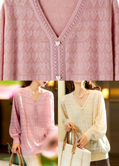 Pink V Neck Print Knit Tops Long Sleeve