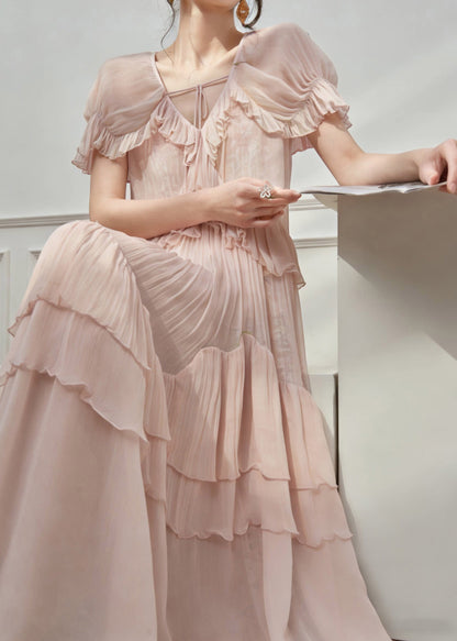 Pink V Neck Ruffled Patchwork Long Dress Short Sleeve