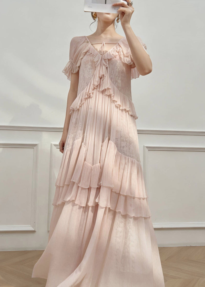 Pink V Neck Ruffled Patchwork Long Dress Short Sleeve