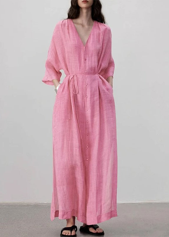 Pink V Neck Side Open Tie Waist Maxi Dresses Long Sleeve