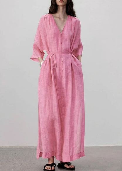 Pink V Neck Side Open Tie Waist Maxi Dresses Long Sleeve