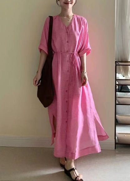 Pink V Neck Side Open Tie Waist Maxi Dresses Long Sleeve