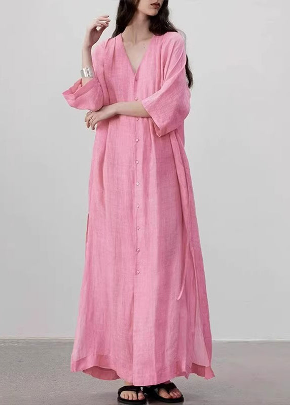 Pink V Neck Side Open Tie Waist Maxi Dresses Long Sleeve