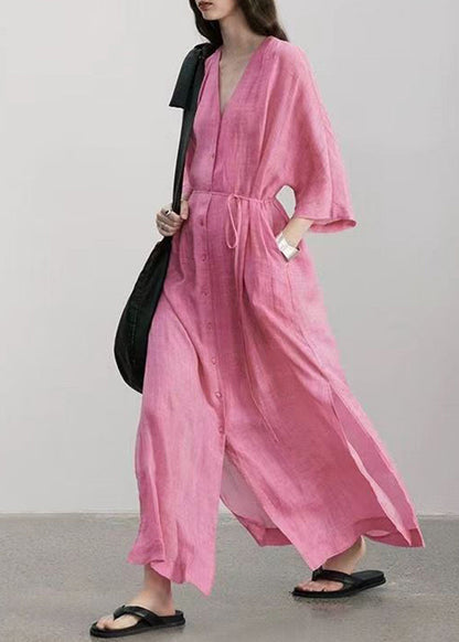 Pink V Neck Side Open Tie Waist Maxi Dresses Long Sleeve