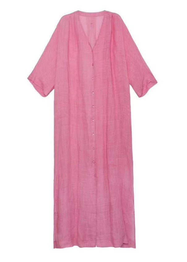 Pink V Neck Side Open Tie Waist Maxi Dresses Long Sleeve