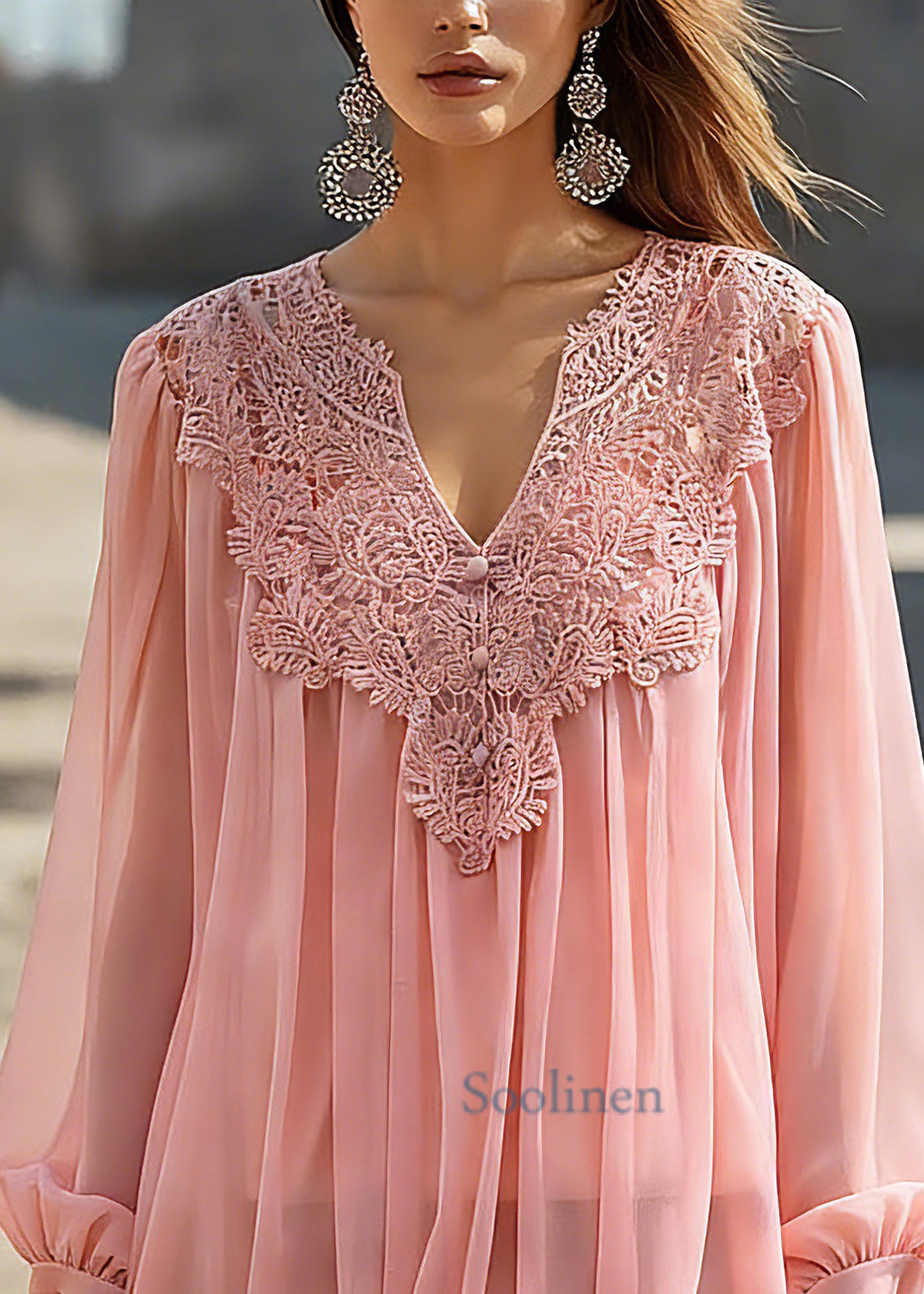 Cute Pink V Neck Solid Tulle Top Spring