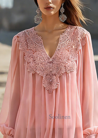 Cute Pink V Neck Solid Tulle Top Spring