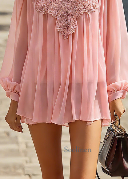 Cute Pink V Neck Solid Tulle Top Spring