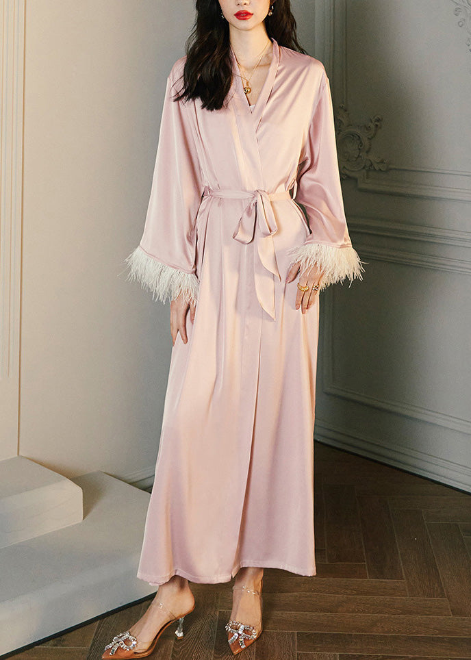 Pink V Neck Tie Waist Ice Silk Robe Spring