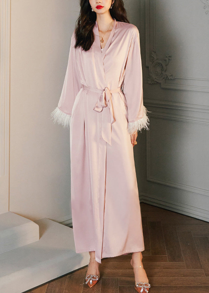 Pink V Neck Tie Waist Ice Silk Robe Spring