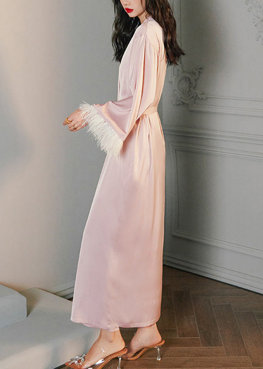 Pink V Neck Tie Waist Ice Silk Robe Spring