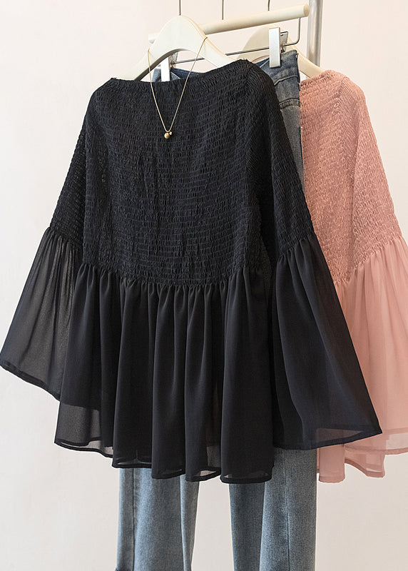 Pink Wrinkled Chiffon Blouse Tops Flare Sleeve