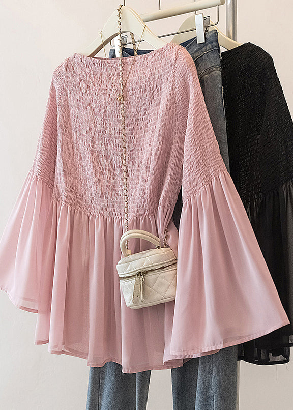 Pink Wrinkled Chiffon Blouse Tops Flare Sleeve