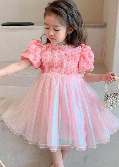 Pink Wrinkled Nail Bead Patchwork Tulle Baby Dress Short Sleeve