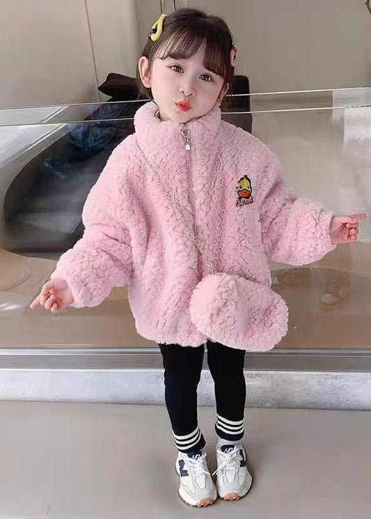 Pink Zip Up Pockets Teddy Faux Fur Coats Long Sleeve