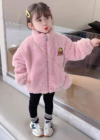 Pink Zip Up Pockets Teddy Faux Fur Coats Long Sleeve