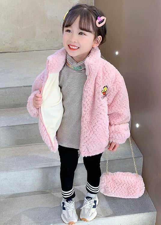 Pink Zip Up Pockets Teddy Faux Fur Coats Long Sleeve