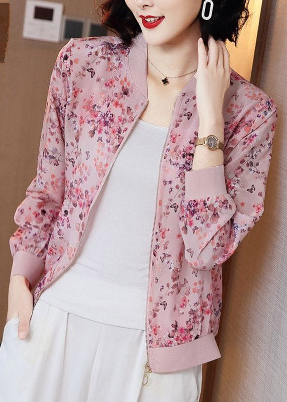 Pink Zipper Print Chiffon Sunscre Coat Long Sleeve