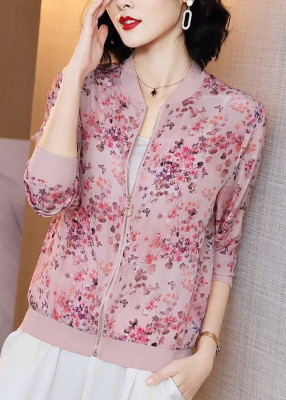 Pink Zipper Print Chiffon Sunscre Coat Long Sleeve