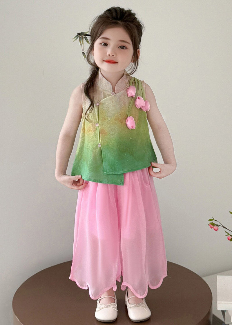 Print Stand Collar Tulip Kids Top and Wide Leg Pants Two Piece Set Summer