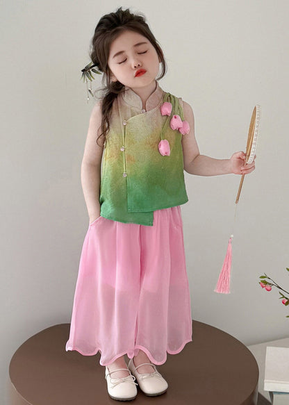 Print Stand Collar Tulip Kids Top and Wide Leg Pants Two Piece Set Summer