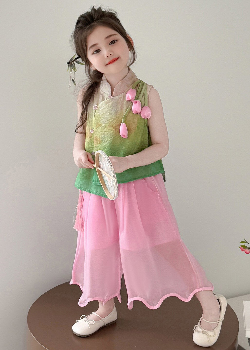 Print Stand Collar Tulip Kids Top and Wide Leg Pants Two Piece Set Summer