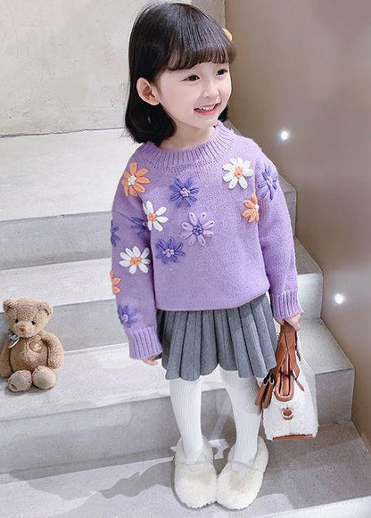 Purple O Neck Thick Knit Kids Knit Pullover Winter