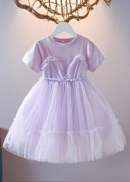Purple Patchwork Wrinkled Tulle Kids Long Dress Short Sleeve