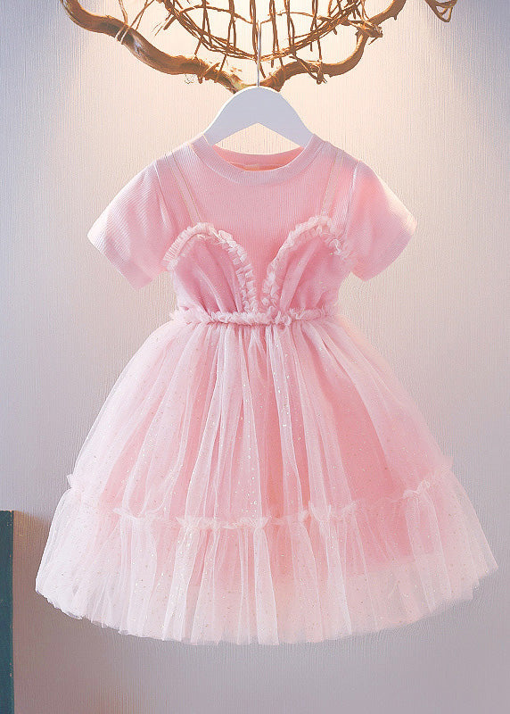 Purple Patchwork Wrinkled Tulle Kids Long Dress Short Sleeve