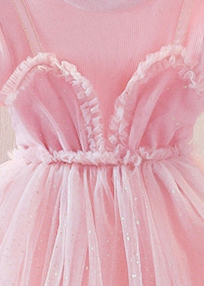 Purple Patchwork Wrinkled Tulle Kids Long Dress Short Sleeve