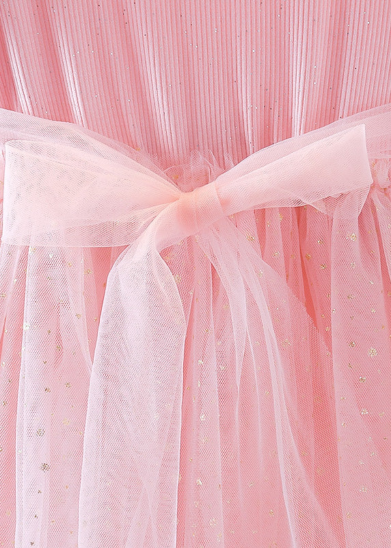 Purple Patchwork Wrinkled Tulle Kids Long Dress Short Sleeve