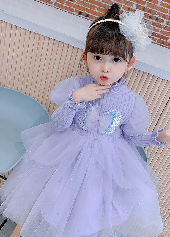 Purple Ruffled Sequins Patchwork Warm Fleece Kids Dress Winter