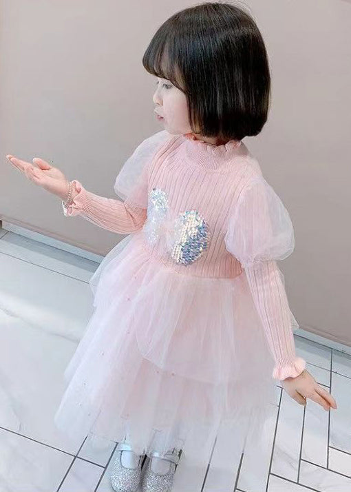 Purple Ruffled Sequins Patchwork Warm Fleece Kids Dress Winter