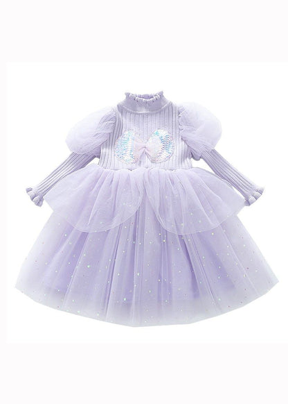 Purple Ruffled Sequins Patchwork Warm Fleece Kids Dress Winter
