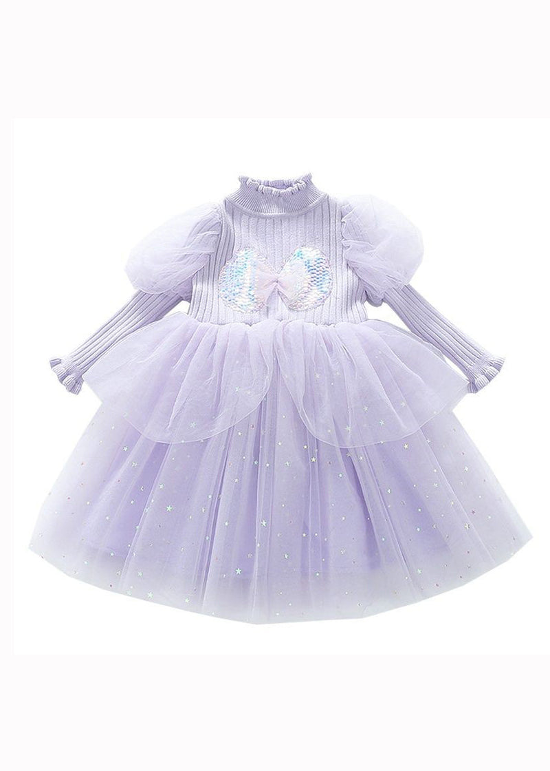 Purple Ruffled Sequins Patchwork Warm Fleece Kids Dress Winter