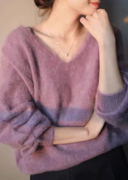 Purple V Neck Cozy Knit Sweater Long Sleeve